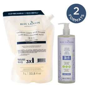 2 formats du 3 en 1 shampooing, gel douche et bain mousse lavande : 350 ml et recharge de 1L