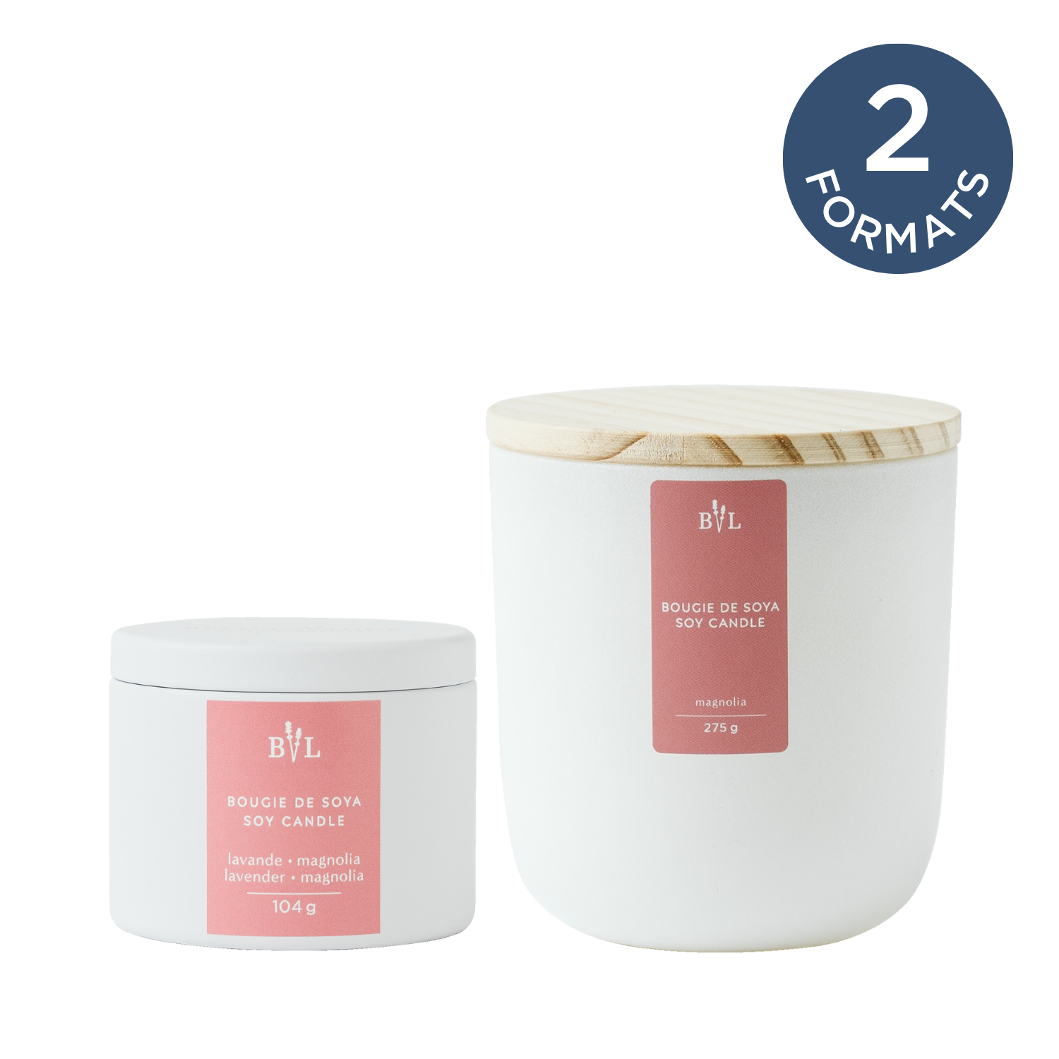 Bougie de soya lavande-magnolia en 2 formats