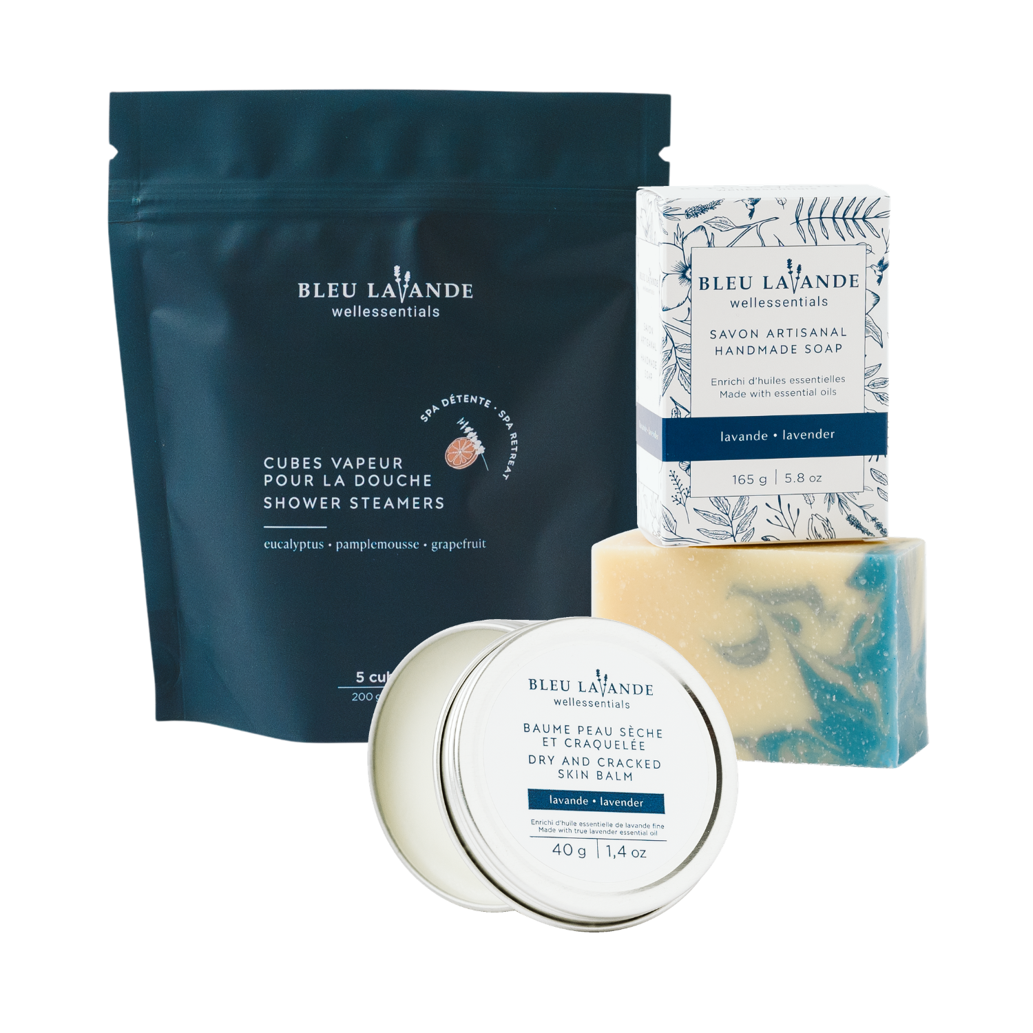 Ensemble rituel douche spa de Bleu Lavande : cubes vapeur, savon artisanal et baume peau sèche et craquelée