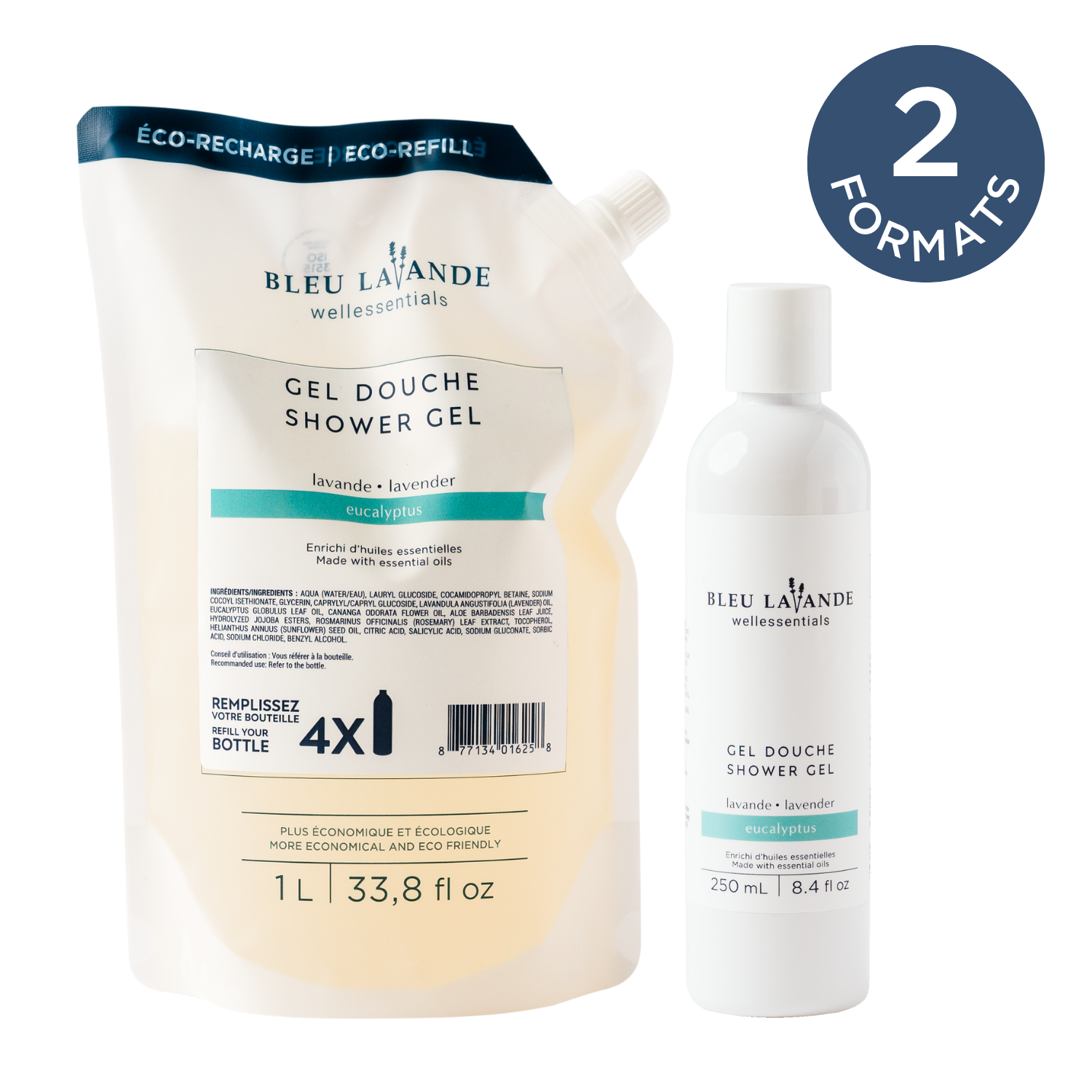 Gel douche lavande et eucalyptus en 2 formats : 250 ml et recharge de 1L