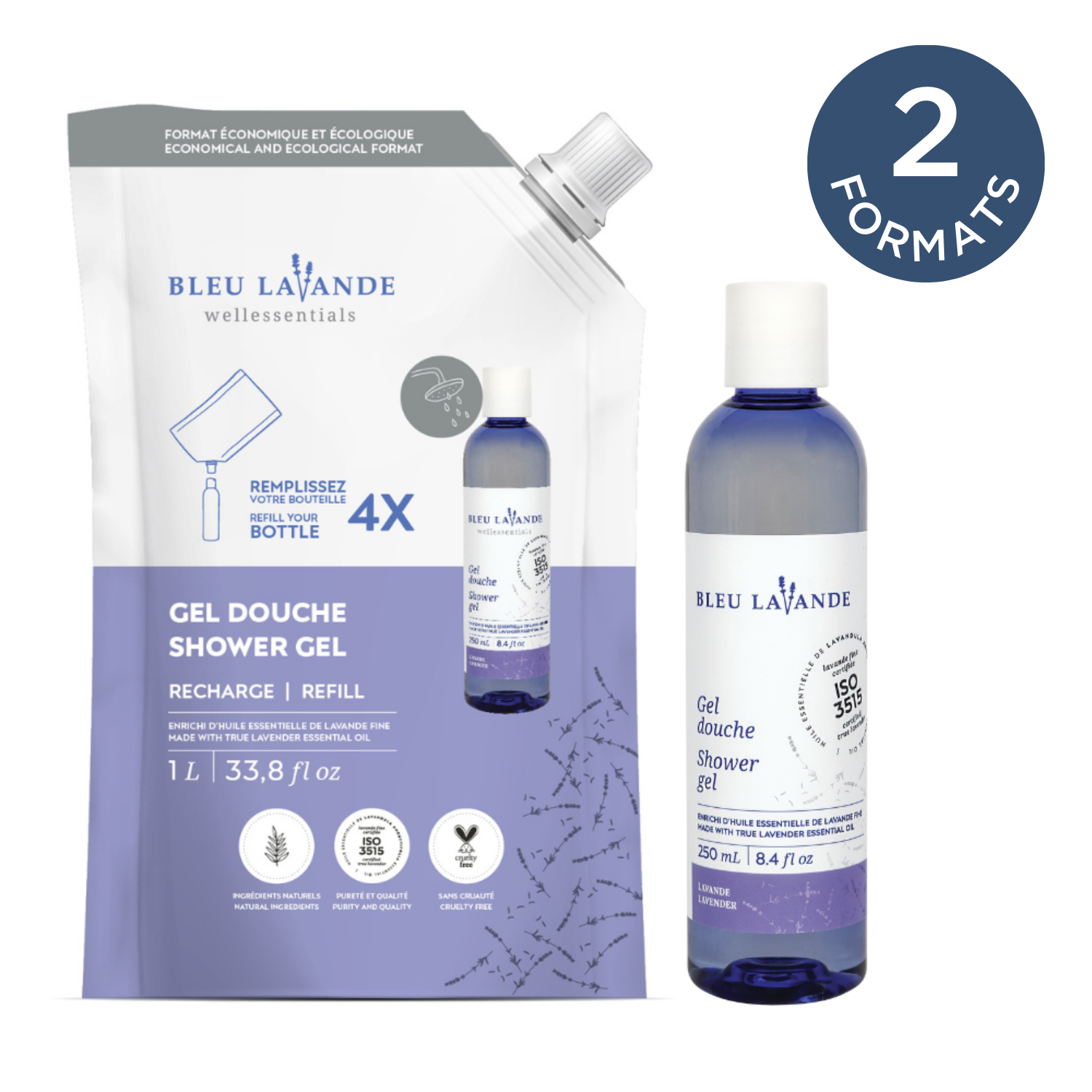 Gel douche lavande 250 ml et recharge de gel douche lavande 1L de Bleu Lavande