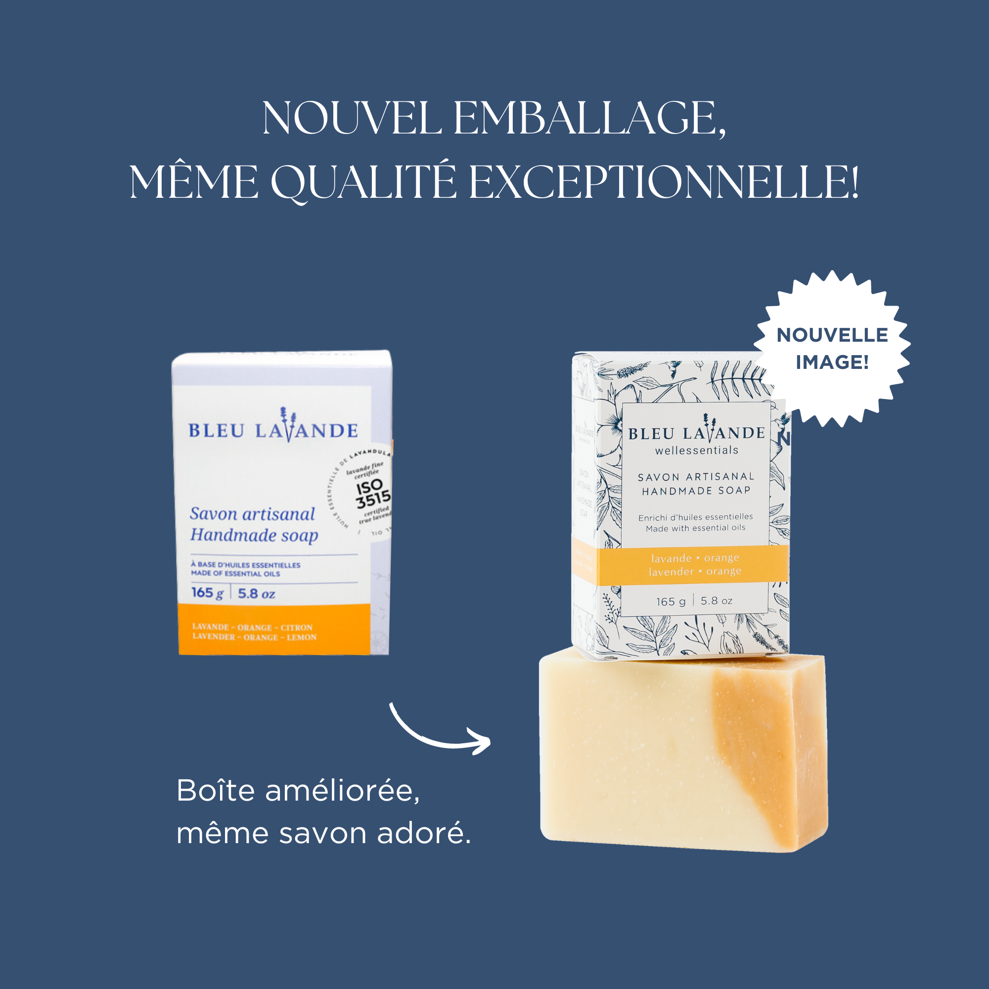 Nouvel emballage du savon artisanal lavande-orange de Bleu Lavande