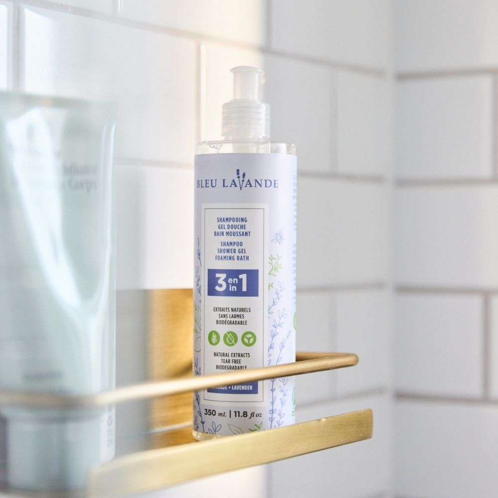 Produit Bleu Lavande 3 en 1 : shampooing,  gel douche et bain mousse lavande pour prendre moins de place dans la douche