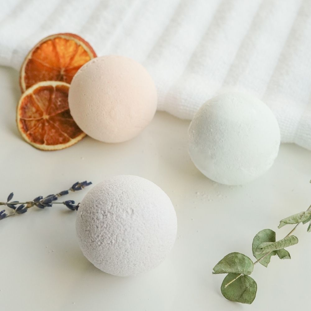 Bombes de bain effervescentes lavande, lavande-orange et lavande-eucalyptus