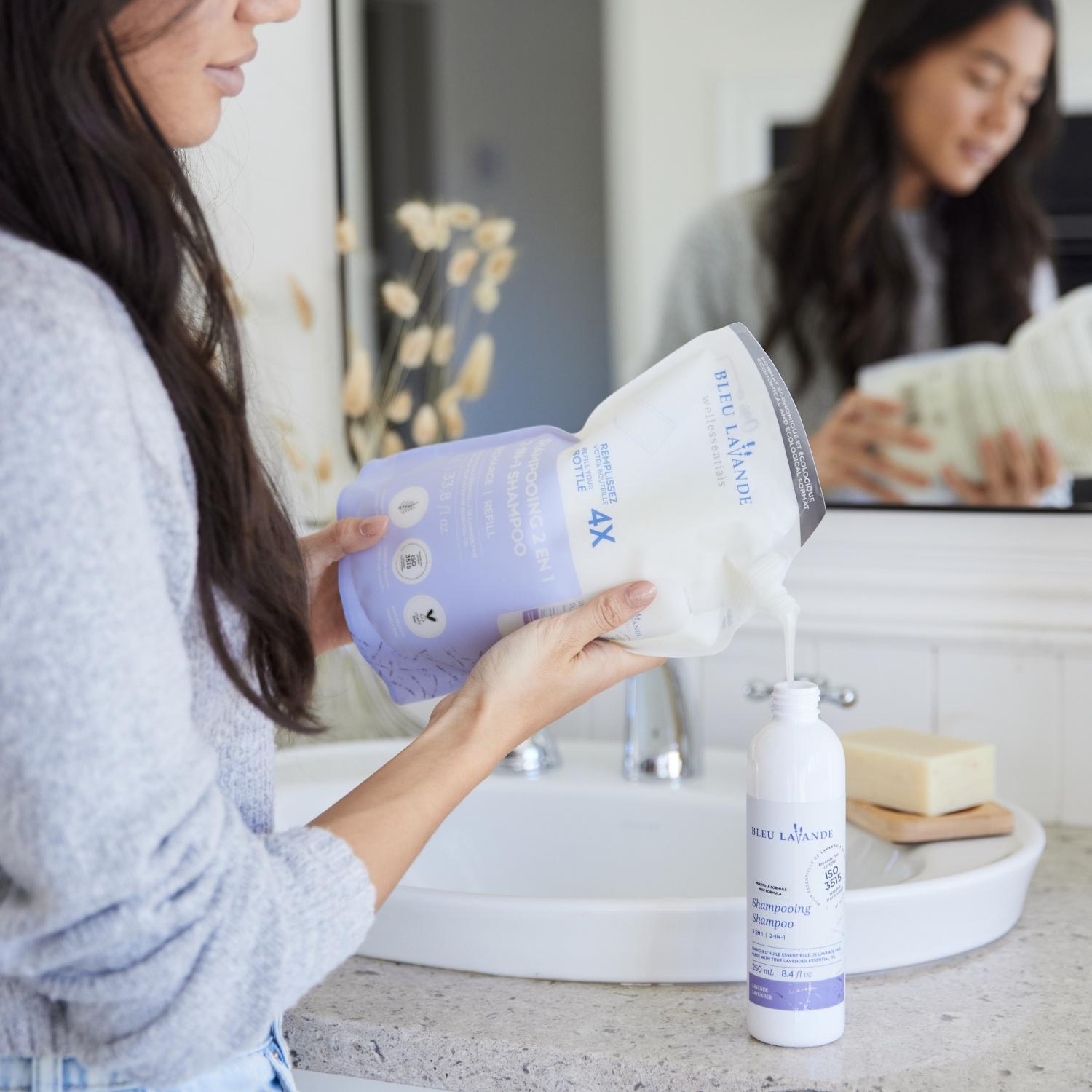 bouteille de shampooing et revitalisant lavande 250 ml avec la recharge de 1L