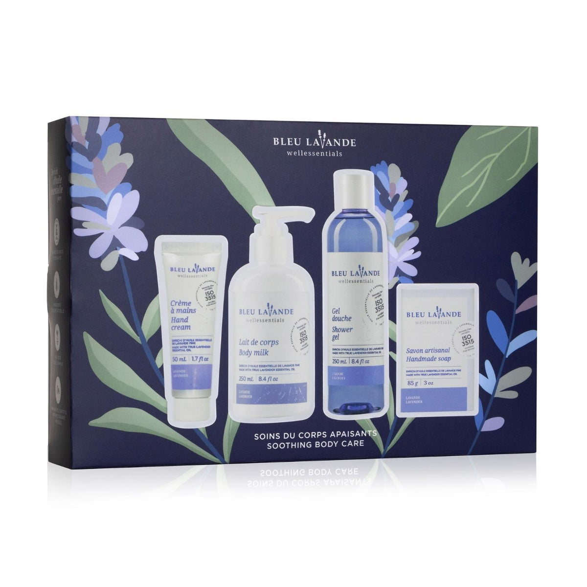      Crème à mains - 50 ml     Gel douche lavande - 250 ml     Lait de corps lavande - 250 ml Savon artisanal lavande - 85 g